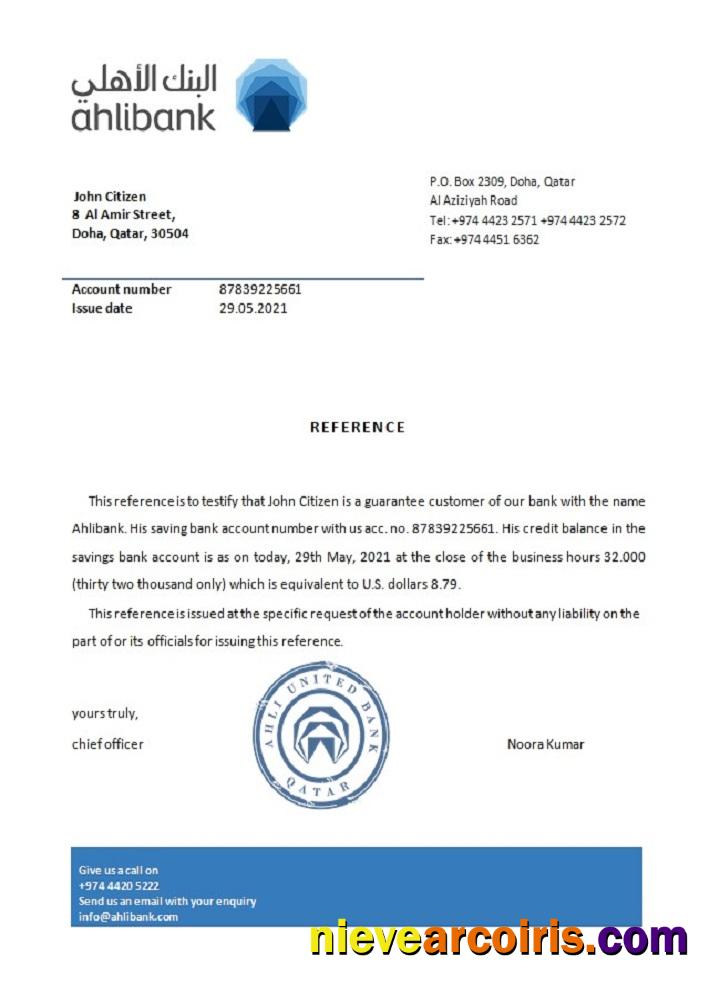 Qatar Ahli bank reference